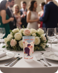 Copos com artes prontas no tema de casamento.